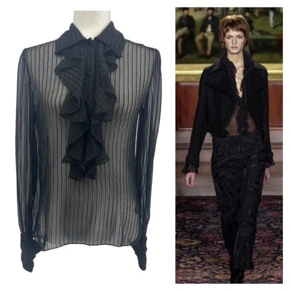 Ralph Lauren Collection Silk Sheer Ruffle Long Sleeve Blouse Collared Black Top - Picture 1 of 12
